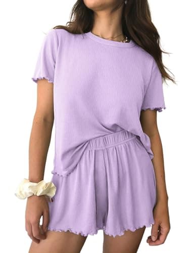 Ekouaer Womens Pajamas 2 Piece Ribbed Knit Pjs Short Sleeve Sleepwear Set Summer Soft Pajamas Set Casual Lounge Sets Purple M - Image 1