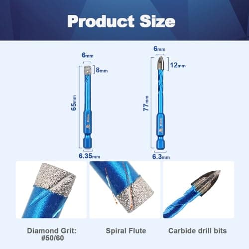 Diamond Drill Bit - BRSCHNITT 10pcs 1/4 inch Masonry Drill Bits Set for Porcelain Tile Ceramic Stone Granite Marble,Hex Shank Diamond Hole Saw Drill Bit - Thumbnail 2