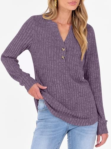 ANRABESS Womens Long Sleeve Henley Shirts 2026 Fall Tunic Tops Ribbed Knit Lightweight Sweaters Dressy Casual Blouse Outfits Purple Medium - Thumbnail 5
