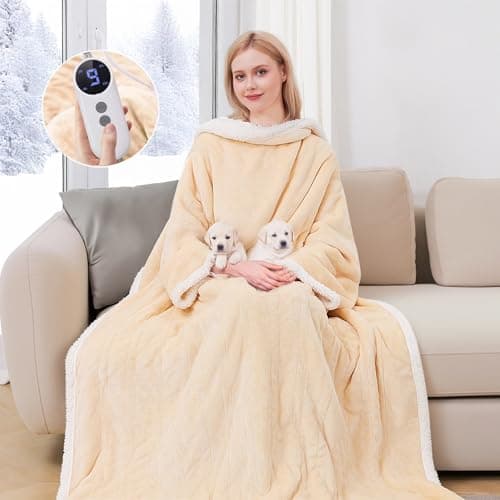 Yokimisu Wearable Heated Blanket with Sleeves, Electric Heated Robe with Foot Pockets, 9 Heating Levels & 2-10 Hours Timer, 50"x70" (Light Yellow) - Image 1