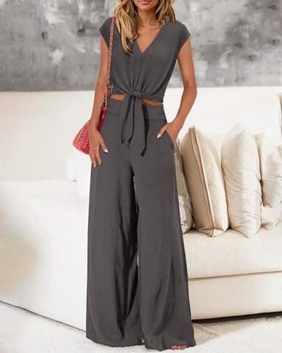PRETTYGARDEN Women's Summer 2 Piece Outfits 2026 Cap Sleeve V Neck Belted Crop Tops Wide Leg Pant Sets Casual Tracksuit(Solid Dark Grey,Medium) - Thumbnail 3