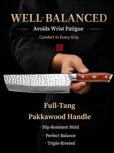 KEEMAKE Nakiri Chef Knife, 7 Inch 67-Layer Damascus Japanese Kitchen Knife with Ergonomic Pakkawood Handle, Ultra Sharp Non-Slip Cooking Knife with Ash Sheath - Thumbnail 4