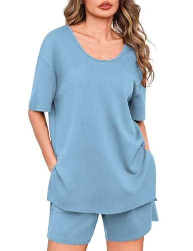 Totatuit Women's Oversized T-Shirt and Shorts Set 2 Piece Summer Outfits High Waisted Lounge Sets with Pockets Casual Travel Clothes Light Blue Large - Image 1