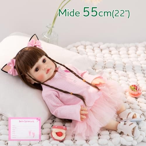 PUAMUBUA Reborn Baby Dolls 22" Silicone Baby Doll Full Body,Realistic Baby Dolls Girl with Birth Certificate Feeding Kit Toys in Gift Box for Kids Age 3+ (Pink Princess) - Thumbnail 3