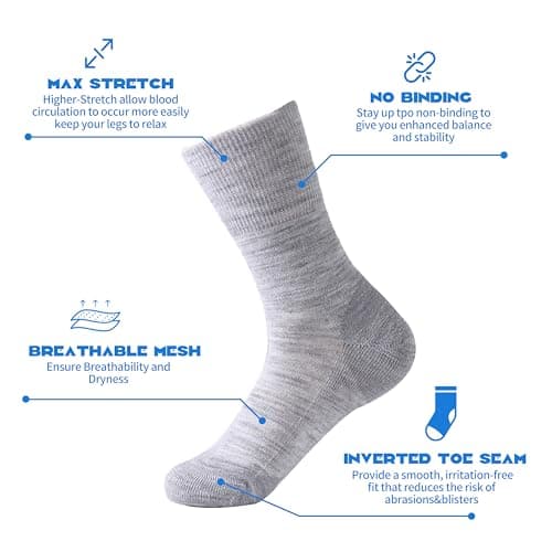 Forcool 3 Pairs Merino Wool Diabetic Socks Women Men Non Binding Loose Top Non Blister Cushion Diabetes Edema Dress Crew Socks with Seamless Toe, Medium Gray - Thumbnail 4