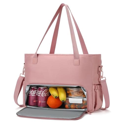 Lunch Tote Bag for Women with 15.6" Laptop Compartment, Work Tote Bag with Insulated Lunch Compartment, Large Casual Canvas Handbag Luncg Bags for Nurse, Teacher, Office, Travel, Beach, Pink - Image 1