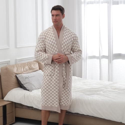 bearberry Cozy Robe Soft Plush Robe Hoodless Sleepwear Nightgown with Pockets for Men (Standard, Stone/Cream) - Thumbnail 5