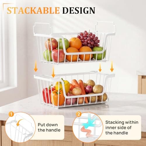 SUNALLY Stackable Storage Bins 4 Pcs Wire Baskets for Pantry Organizers and Storage, Vegetable Fruit Storage Basket for Countertop Organizer,Kitchen Baskets for Onion Potato Snack Cans Storage,White - Thumbnail 5