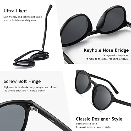 SUNGAIT Women's Classic Vintage Round Polarized Sunglasses Retro Style UV400(Black Frame(Matte Finish)/Grey Lens) K166HEIKHU - Thumbnail 3