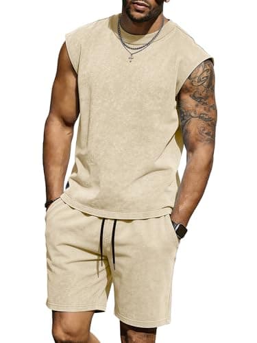 JEMLDL 2 Piece Outfits Sleeveless Shirt and Shorts Lounge Lightweight Gym Cotton Tracksuits Beige M - Image 1