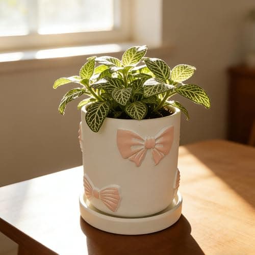 Giafiny Cute Pink Orchid Pot, Bow Decorative Succulent Planter for Indoor/Outdoor Plants, Hand Painted Pink Bow Cement Flower Pots with Tray/Drainage Hole for Home Room Decor - Thumbnail 2