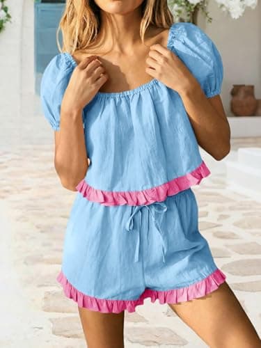 Tankaneo Womens 2 Piece Short Sets Summer Puff Sleeve Square Neck Babydoll Tops Cute Lounge Set Cotton Vacation Outfits - Thumbnail 3