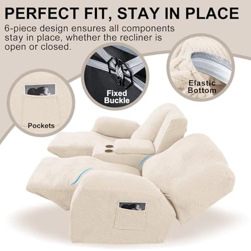 Cushonix Recliner Loveseat Covers with Console,6-Piece Stretch Geometric Strokes Jacquard Reclining Chair Slipcovers,Seamless Furniture Protector,Soft Breathable Couch Cover for Pets Kids,Beige - Thumbnail 4