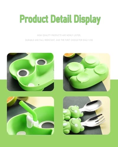 Ecrekhom Silicone Baby Feeding Set 5 Pcs, Weaning Supplies, Frog Baby Plates Baby Spoon & Fork, Baby Utensils Feeding Essentials - Thumbnail 5
