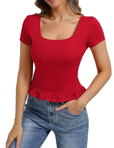Belle Poque 2026 Summer Cute Tops for Women Red Short Sleeve Crop Tops Square Neck Ruffle Hem T Shirts L - Image 1