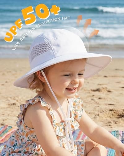 Sun Hat for Baby Boys Girls Toddler and Kids UPF 50+ with Bucket Wide Brim Summer (US, Age, 6 Months, 24 Months, White + Pink Bow) - Thumbnail 2