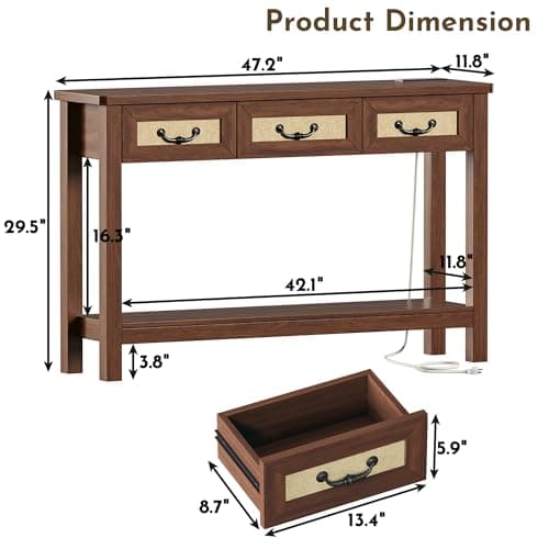 HUAHUU 47.2" Console Table with 3 Rattan Drawers, Long Sofa Table with Storage Behind Couch, Farmhouse Entryway Table with Power Outlet & Open Storage for Entrance/Hallway/Foyer/Living Room, Walnut - Thumbnail 3