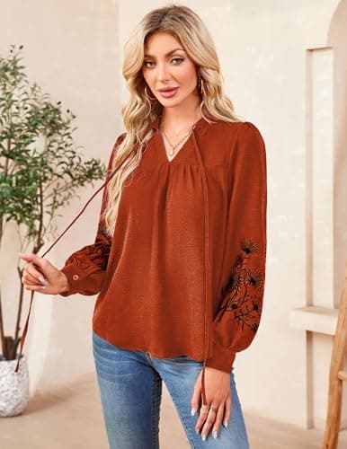 LOOKBOHO Womens Boho Tops V Neck Embroidered Shirt Long Sleeve Dressy Casual Vacation Trendy Blouses Brown XXL - Thumbnail 5