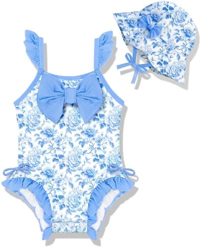 NikNio Toddler Swimsuit Girl Baby Girl Bathing Suit One Piece Sleeveless Newborn Infant Girl Swimwear with Hat Blue Flower 12-18 Months - Image 1