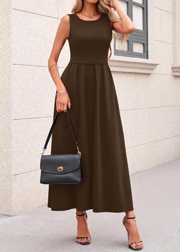 Lazysmile Summer Sleeveless Maxi Dresses for Women Mock Neck Pleated A Line Formal Cocktail Wedding Guest Dress Brown - Thumbnail 6