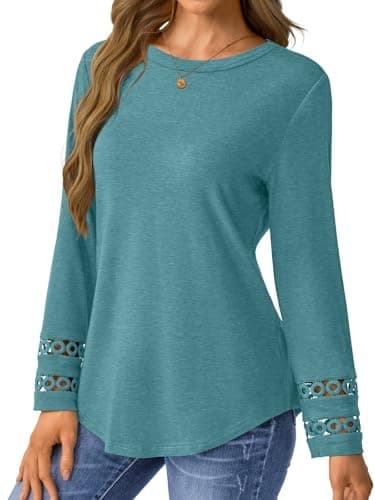 GKBK Womens Long Sleeve Tops Business Dressy Casual Blouses Crew Neck Loose Fit Lightweight T Shirts Cute Work Tee Ladies Tunic 2025 Fall Winter Fashion Clothes Trendy Outfits Cyan M - Thumbnail 3