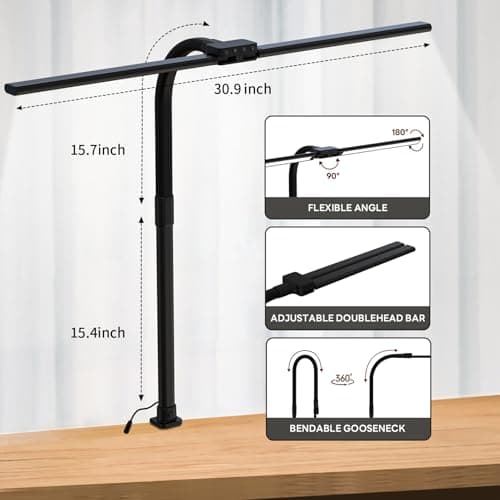LED Desk Lamp for Home Office, Eye-Caring Desk Light with Clamp, 15W Double Head Architect Task Lamp Stepless Dimming, Flexible Gooseneck Bright Table Lamp for Study Reading Workbench Drafting - Thumbnail 6