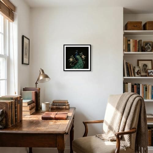 Peacock Wall Art, Botanical Bird Art Print, Dark Decor, 12x12in (30x30cm) - Thumbnail 6
