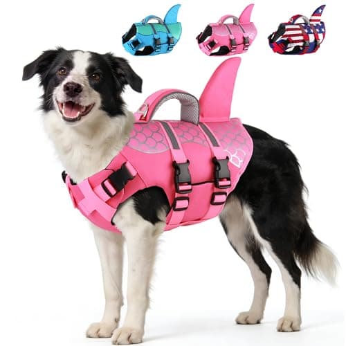 Dogcheer Dog Life Jacket Shark, Neoprene Harness Dog Life Vest with Lift Handle, Reflective Adjustable Pet Swim Float Vest for Small Medium Large Dogs - Pink Scales, M
