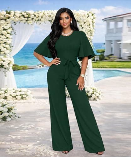 ABKY Jumpsuits For Women Dressy Batwing Sleeve Belted Wide Leg Romper Formal Wedding Evening Party Jumpsuit One Piece Outfits Deep Green M - Thumbnail 4