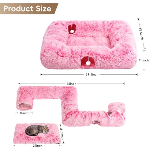 Extra Large Cat Tunnel Bed, 4 Ways Tunnels for Indoor Cats, Multi-cat Family Pet Bed & Cave, Plush Cat Donut with Washable Middle Mat, Exit Balls, Pet Play Toy for Kitten Puppy Rabbit, Pink - Thumbnail 2