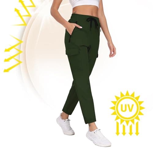 AGVNG Womens Hiking Cargo Pants with Pockets Waterproof Quick Dry Lightweight Elastic Waist Drawstring UPF 50+ Travel Work Casual Active Outdoor Army Green M - Thumbnail 5