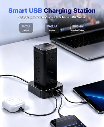 Tagzilo 16-in-1 Power Strip Tower with Surge Protector 1800J, 2USB-C & 2USB-A Ports with 12 AC Outlets, 10ft Extension Cord with Multiple outlets for Home Office Dorm Room, Black - Thumbnail 3