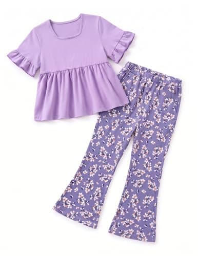 Hihosdor Kids 2 Piece Outfits Toddler Girl Clothes Retro Bell Bottom Pants Set with Ruffle Sleeve Peplum Top Floral Girls Clothing Sets for Spring Summer, Purple, 7-8 Years - Image 1