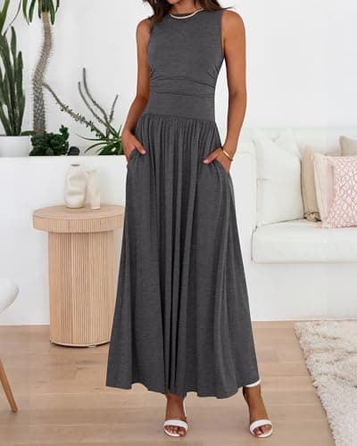 BTFBM Summer Maxi Dresses for Women 2026 Spring Sleeveless Casual Ruched High Waisted Long Sundress Flowy Beach Dress(Dark Grey, Large) - Thumbnail 4