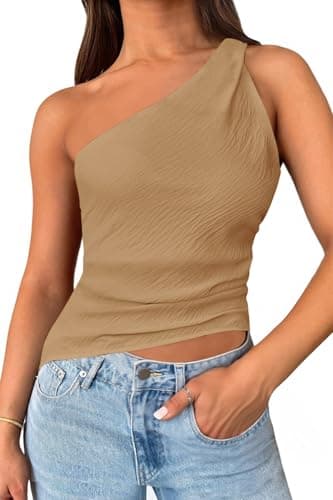 Cicy Bell Womens One Shoulder Tank Tops Summer Going Out Tops Ruched Asymmetrical Sleeveless Shirts Brown - Image 1