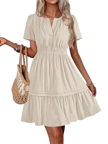 BTFBM Summer Dresses for Women 2026 Casual Boho Sundress Short Sleeve V Neck Ruffle A Line Beach Vacation Mini Dress(Apricot, X-Large) - Image 1