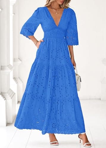 Lazysmile Long Sleeve Dresses for Women V Neck Hollow Out Eyelet Ruffle Swing A-Line Fall Vacation Boho Maxi Dress Dark Royal Blue - Thumbnail 6