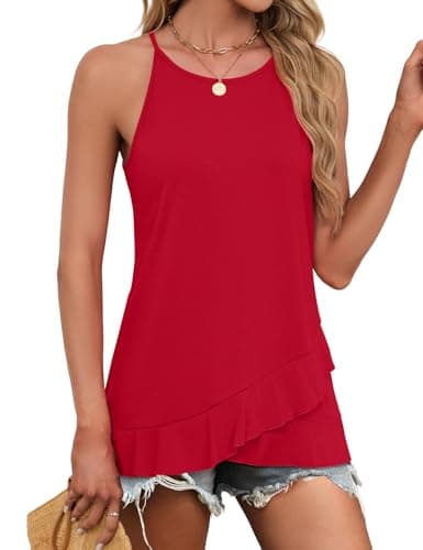JUSTFASHIONNOW Womens Halter Tank Top Dressy Casual High Neck Tank Camisole Tops Flowy Ruffle Hem Sleeveless Summer Blouses Beach Vacation Clothes (Red,XX-Large) - Thumbnail 4