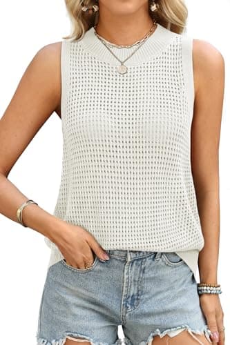 ATHMILE Summer Crochet Tank Tops for Women 2026 Casual Crewneck Hollow Out Loose Knit Sleeveless Sweater Vest Top Trendy White - Image 1