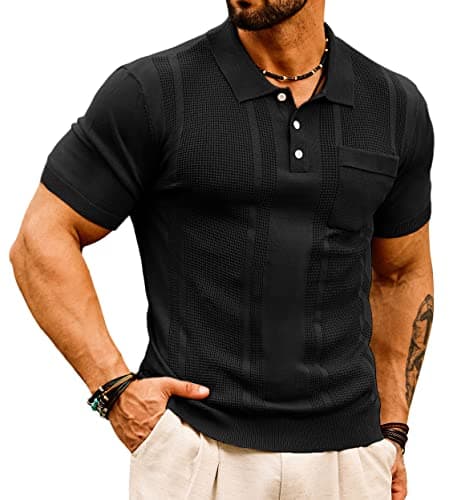Golf Polo Shirts for Men Short Sleeve Lapel Collar Textured Knitting Polo Shirts Casual Tee Shirts Tops Black M - Image 1