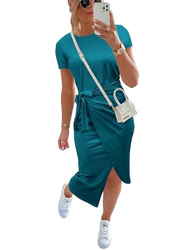 NOLLSOM Women Casual Sleeveless Striped Tank Midi Dresses Halter Neck Ruched Bodycon Dresses Tie Waist T Shirt Summer Dress(Tie Lake Blue,X-Large) - Image 1