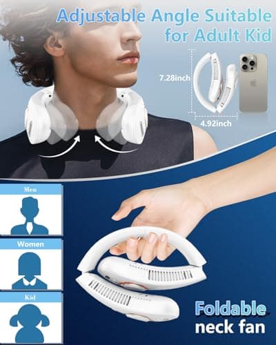 Neck Fans that Blow Cold Air,Misting Neck Fan Rechargeable Battery Powered,Foldable Leafless Hands Free USB Chargable Cooler,Slient Mini Head Unit Water Mister Sprays for Travel Camping Outdoor White - Thumbnail 4
