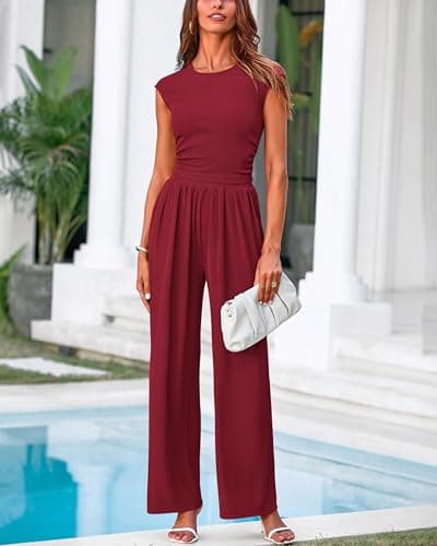 PRETTYGARDEN Women's Summer 2 Piece Set Cap Sleeve Ribbed Knit Ruched Fitted Tops Pleated Flowy Long Pant Matching Sets(Wine Red,Large) - Thumbnail 6