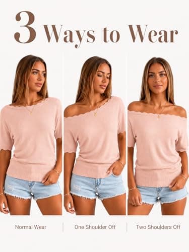 MONORA Off The Shoulder Tops for Women Short Sleeve Sweater Boat Neck One Shoulder Knit Pullover Lightweight Cinched Waist Fitted Going Out Shirts Spring Summer Pink - Thumbnail 5