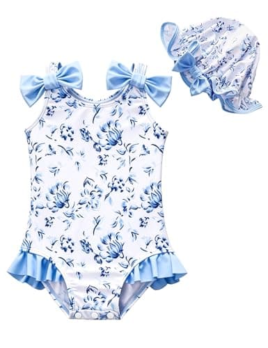 GEMLON Toddler Girl Swimsuit 4T One Piece Swimsuit Girls with Hats Floral Printed Ruffled Bow Beach Swimwear - Image 1