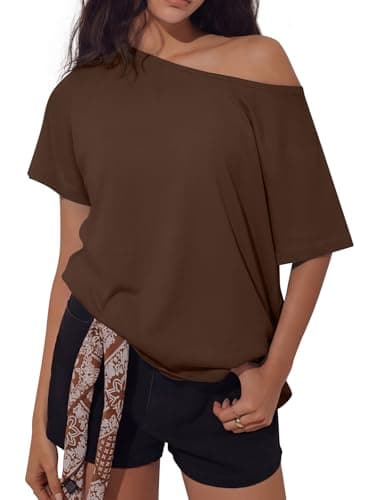 REORIA Women's Off The Shoulder Oversized T Shirts Short Sleeve 2026 Summer Basic Tees for Going Out Loose Fit Casual Daily Wear Coffee Small - Image 1