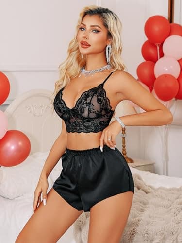 Rigeri Sexy Lingerie For Women Satin Pajama Lace Cami Short Pj Black XL - Thumbnail 3