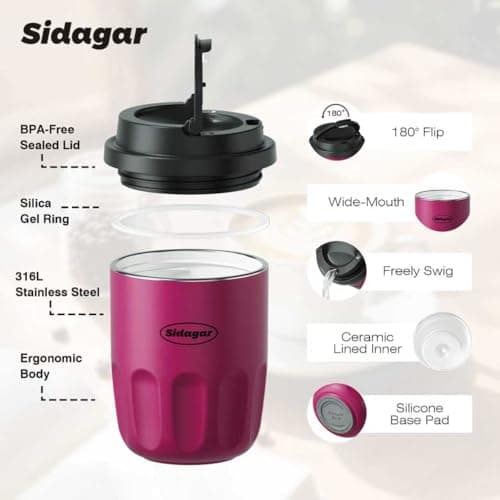 Sidagar Travel Coffee Mug 10 oz Ceramic Lined Tumbler, Double Wall Stainless Steel Coffee Cup with Lid, Vacuum Spill Proof Mini Water Bottle, Insulated Thermal Mug for Home Office, Purple - Thumbnail 6