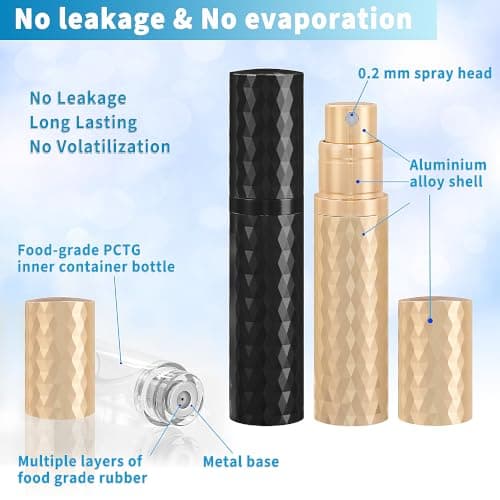 Qavhun Travel Perfume Atomizer Bottle Refillable - 2-Pack 5ml Leakproof Fragrances Perfume Atomizer, Portable Perfume Sprayer, Perfume Refillable Bottle for Traveling (Black & Gold) - Thumbnail 3