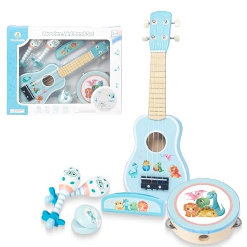 WoodenEdu Kids Guitar for Girls, Wooden Musical Instruments Toys with Ukulele, Tambourine, Maracas, Harmonica, Mini Band Sets for Toddlers 2 3 Years Old Birthday Gift (Blue for Boys) - Thumbnail 4